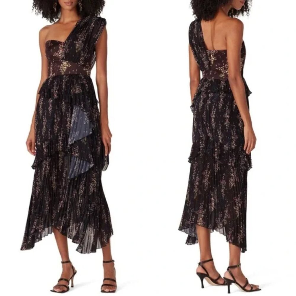AMUR Asymmetric Gown One Shoulder Tiered Ruffle Dress Luxe Maxi Floral Unique 10